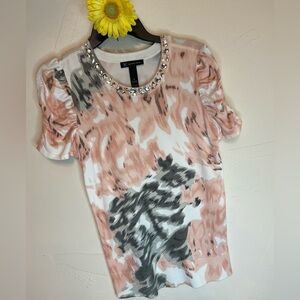 I.N.C.~Lovely Watercolor-Look Knit Sweater~Jeweled Neck~Ruched Sleeve~Size M